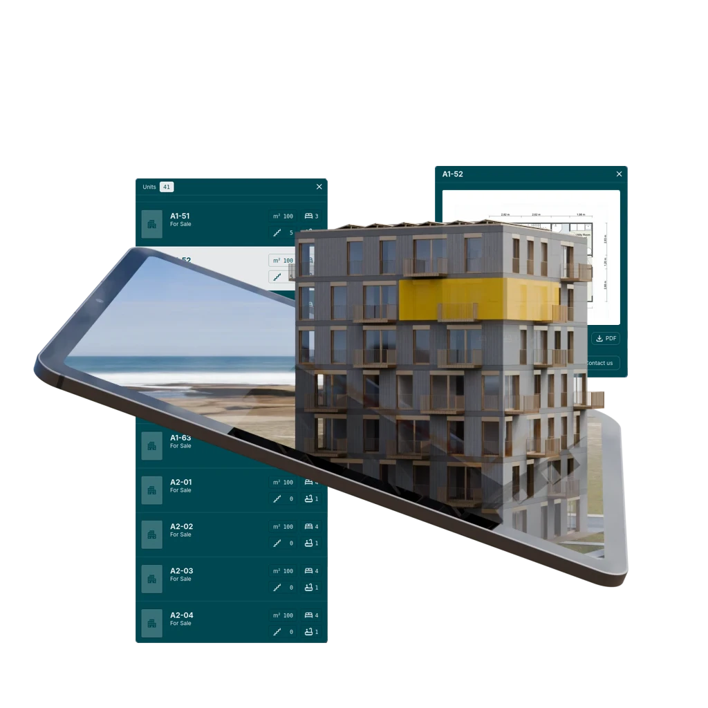 Maquetto digital maquette with unit list, floorplan and 3D building rising from a tablet