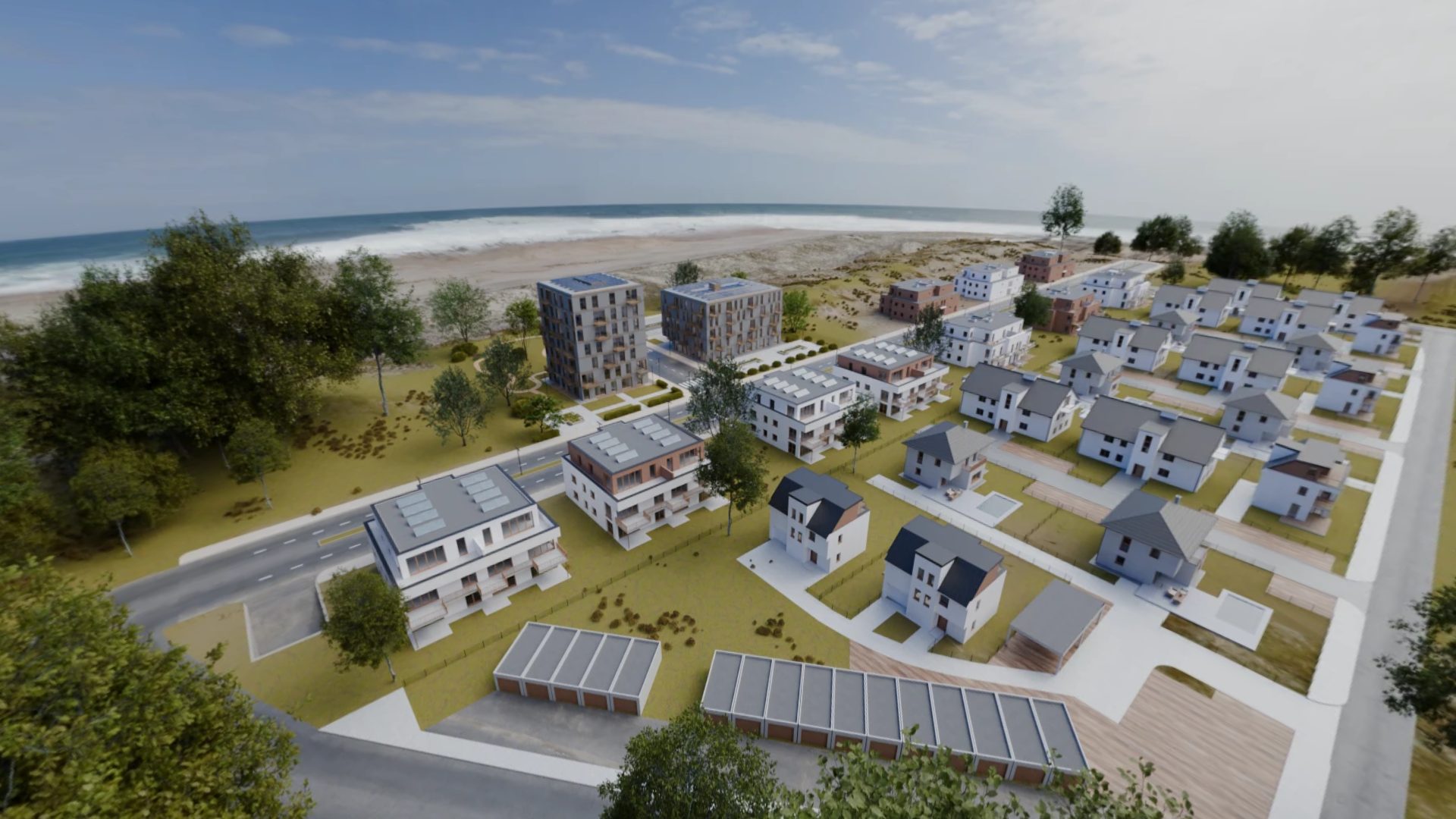 Aerial view of a seaside masterplan generated from BIM
