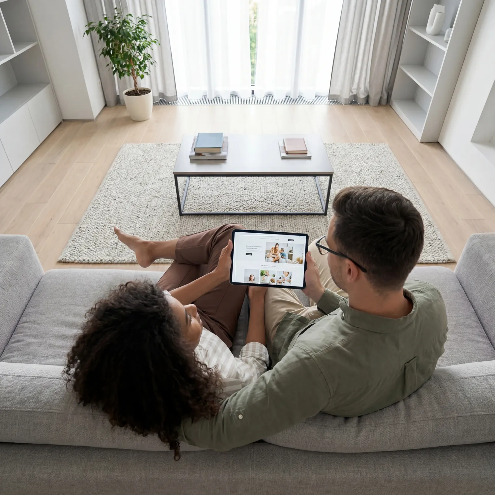 A couple on their sofa browsing apartments in the maquette on a tablet